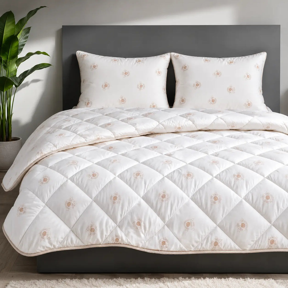 Merino Vorteils-Set aus Wolldecke und Kissen auf einem gemachten Bett